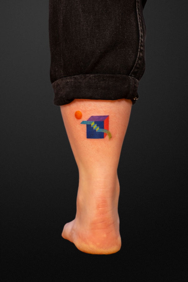 tiny cube and stairs colorful tattoo